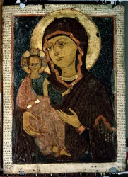 ""Panna Hodegetria (Hodigitria)"" Panna Maria a dítě Ježíš, jehož svatozář je označena křížem. Ruská ikona. Malba na dřevě z konce 13. století. Státní Treťjakovská galerie, Moskva