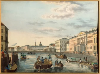 Pohled na řeku Fontanka v Petrohradě. Anonymní dílo, Litografie, kolorováno akvarelem, kolem roku 1820. Ruské umění