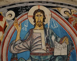 Kristus ve majestátu lemovaný serafy a symboly evangelistů, kopie originálu z 12. století (freska)