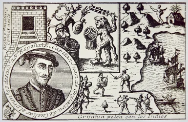 Španělé pod vedením Juana de Grijalvy se vylodili na Yucatánu a střetli se s mayskými válečníky v bitvě u Champoton, květen 1518 (litho)