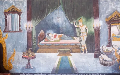 Freska s výjevem z Buddhova života, chrám Wat Phra That Doi Suthep