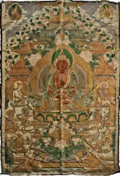 Amitabha (buddha čisté země) - tibetská malba, pigmenty a zlato na látce, konec 19. století, 74x51 cm - (Amitayus Buddha Thangka, tibetská kultura, Pigmenty a zlato na textilu, konec 19. století) - Soukromá sbírka