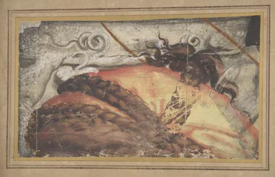 Tapisérie kreslený fragment: Vrchol ženské hlavy s vlasy spletenými přes látku..., 1500-50.