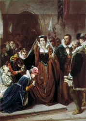 královna Marie 1. Stuartovna (1542-1587) chodí k lešení