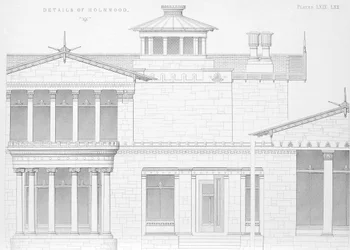 Vnější detailní pohled na Holmwood, Glasgow (rytina)