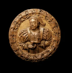 Rondel, který představuje Margaret Tudorovou, ze stropu Královské prezenční komory na zámku Stirling, 1540 (dubové dřevo)