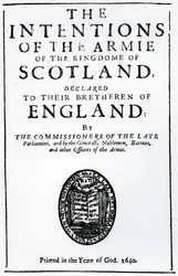 Titulní strana knihy "The Intentions of the Armie of the Kingdome of Scotland" od Alexandra Hendersona, vydáno 1640 (tištěný papír)