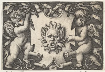 Maska na erbu podporovaná dvěma génii, 1544.