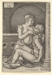 Cimon seděl proti sloupu vpravo a kojil z Pera, který klečí vedle něj, 1544.