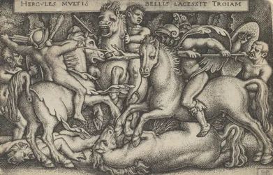 Herkules bojující proti Trojanům, z The Labors of Hercules, 1545.