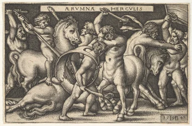 Herkules se svým kyjem uprostřed bojuje s kentaurem, další muži bojují s kentaury, aby opustili..., 1542.