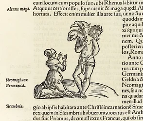 Čarodějnice vyvolává tříhlavého démona z roku 1550 vydání ‚Cosmographia‘ od Sebastiana Munstera (dřevořez)
