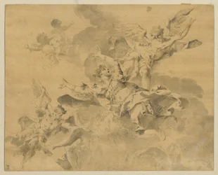 Královna poslaná do pekla anděly pomsty, kolem 1676-1746 (pero, inkoust a mytí na papíře)