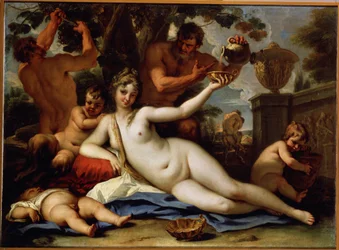 Bacchante et satyres (Bacchante a Satyrs). Satyrové sbírají hrozny z révy a podávají červené víno bacchante, ležícímu ženskému aktu. Obraz Sebastiano Ricci (1659-1734), cca 1713. Benátské umění. Olej na plátně. Ermitážní muzeum, Sa