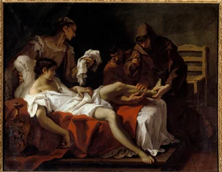 Svatý Antonín z Padovy (san antonio di padova) válčící s mladíkem, který si uřízl nohu, aby se potrestal za úder své matky Obraz Sebastiano Ricci (1659-1734)
