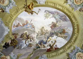 Apoteóza Herkula. Freska od Sebastiana Ricciho (1659-1734). Palác Marucelli Fensi, Florencie.