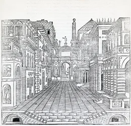Magická scéna, návrh divadelní scény Sebastiano Serlio (1475-1554), ilustrace z Pojednání o architektuře, kniha II