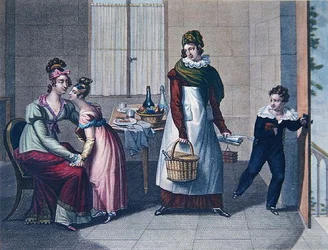 The Departure for School, počátek devatenáctého století (barevná litografie)
