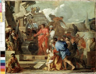 Císař Augustus navštěvuje během svého egyptského tažení hrobku Alexandra Velikého. Obraz Sébastiena Bourdona (1616-1671), 1650-1660. Rozměry 45.5x56.5 cm. Ermitáž, Petrohrad