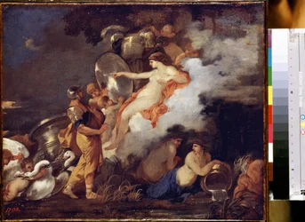 "Venuše a Aeneas" (Venuše a Aeneas) Venuše se zjevuje svému synovi Aeneovi, aby mu pomohla na jeho cestě. Obraz Sebastiena Bourdona (1616-1671) 1650-1660 Rozměr 45,5 x 54,5 cm Muzeum Ermitáž, Petrohrad