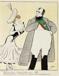 Herec Albert Bresseur 1901 (1862-1932) v roli Napoleona v Madame Sans-Gene, autor Victorien Sardou (1831-1908), karikatura z roku 1893 (ilustrace)