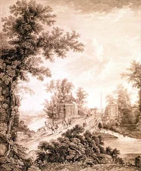 Pohled na připojitelný obelisk v Gatčině, vyrytý Ivanem Dmitrievičem Teleginem (nar. 1779), kolem 1800 (lept s rytinou)