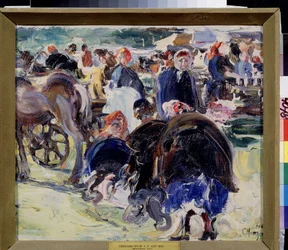 Veletrh. Zemské tržiště se selskými ženami a obchodníky. Obraz Semjona Gavriloviče Nikiforova (1877-1912), olej na plátně