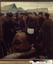 Seznamte se s venkovskou komunitou. (Na setkání komunity země). Skupina ruských rolníků před farmami. Dílo Sergeje Alexejeviče Korovina (1858-1908), olej na papíře