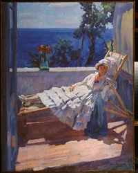 Dáma na balkóně - obraz Sergeje Arsenyjeviče Vinogradova (1869-1938), olej na plátně