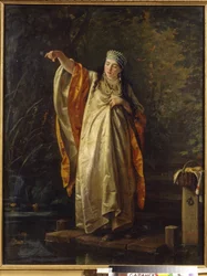 Žena Boyar (bojar, bojar) v nádrži na krmení ryb. (Boyarova žena u přehrady). Obraz Sergeje Ivanoviče Gribkova (1820-1893), olej na plátně