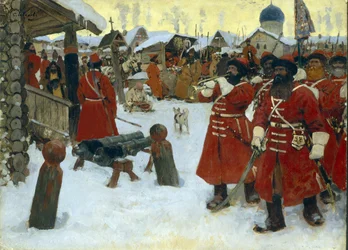 Skupina streltsy (strelets) - obraz Sergeje Vasiljeviče Ivanova (1864-1910), olej na plátně