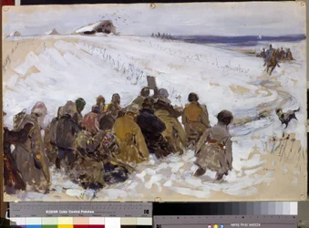Trestná výprava. Obraz Sergeje Vasiljeviče Ivanova (1864-1910). Olej na kartonu. Moskva, Státní Treťjakovská galerie.