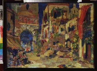 Pohled na ulici. Přípravná výzdoba pro operu Don Quichotte od Julese Masseneta (1842-1912). Obraz Sergeje Ivanoviče Petrova (1881-1936), olej na plátně. Ruské scénografické umění 20. století. Státní centrální muzeum hudby M. Glinky, Moskva.