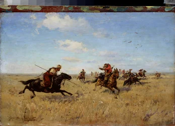 Boj mezi dněperskými kozáky a Tatary - obraz Sergeje Ivanoviče Vasilkovského (1854-1917), olej na plátně