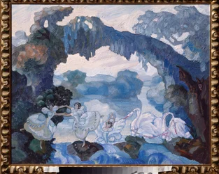 Přípravná výzdoba pro balet "Le Lac des Cygnes"" od Piotra Čajkovského (1840-1893) (scéna pro balet Čajkovského Labutí jezero) - Dílo Sergeje Sudejkina (Serge Soudeikine) (1882-1946), olej na lepenka