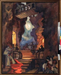 Scénický návrh pro pantomimu Colombinina šála od A Schnitzlera - Dílo Sergeje Jurijeviče Sudeykina (Serge Soudeikine) (1882) -1946), tempera su