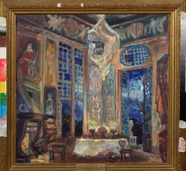 Přípravná výzdoba pro komickou operu "La fille de madame Angot"" od Charlese Lecocqa (1832-1918) (scéna pro operetu La Fille de Madame Angot od Ch Lecocq) - dílo Sergeje Jurijeviče Sudeykina (Serge Soudeikine) (1882 -1946), kvaš a temperament