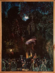 Španělsko. (Volnočasová scéna, firemní procházka po ulici, večer). Obraz Sergeje Jurijeviče Sudejkina (Serge Soudeikine) (1882-1946), olej na plátně, kolem roku 1910. Ruské umění, 20. století. Státní muzeum historie, architektury a umění v přírodě, Psko