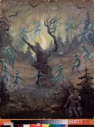 Noc v předvečer Ivana Kupaly (ruská folklorní obdoba svátku sv. Jana, uprostřed léta) - Obraz Sergeje Jurijeviče Sudejkina (Serge Soudeikine) (1882-1946), tempera na dřevě, ruské umění, f