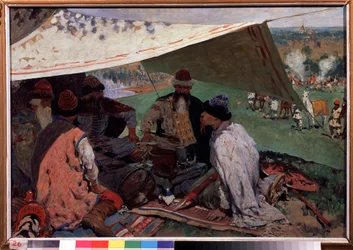 Úmluva ruských knížat. Setkání knížat z dynastie Riourikidů pod stanem ve středověku. Obraz Sergeje Vasiljeviče Ivanova (1864-1910), olej na plátně