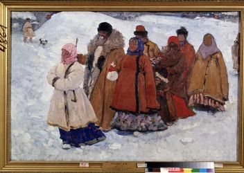 Rodina. Ruská rodina chodící v kabátech ve sněhu. Obraz Sergeje Vasiljeviče Ivanova (1864-1910), olej na plátně