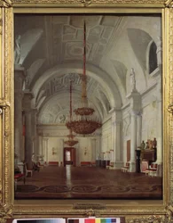 Pohled na Bílý sál Zimního paláce v Petrohradu. Obraz Sergeje (Sergei, Sergei) Konstantinoviče Zaryanka (Zarianko) (1818-1870), olej na plátně. ruské umění