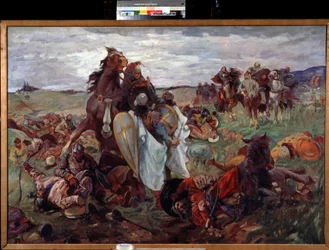 Bitva mezi Rusy a Tatary (Tatari) (Bitva mezi Rusy a Tatary). Obraz Sergeje Nikolajeviče Arkhipova (1881-po 1936). Olej na plátně