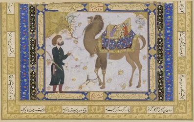 Velbloud a chovatel, Safavid Period, 1556-57 (inkoust, neprůhledné wc a zlato na papíře)
