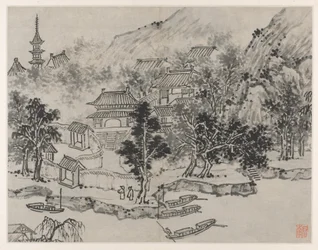 Dvanáct pohledů na Tygří vrch, Suzhou: Vzdálený pohled na Tygří vrch od kotviště na kanálu, po roce 1490