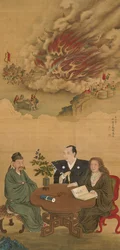 Závěsný svitek zobrazující Setkání Japonska, Číny a Západu,