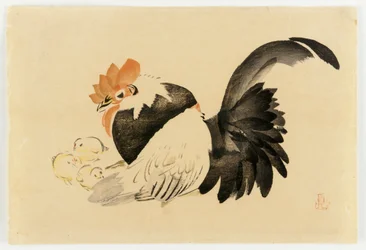 Kohout, slepice a kuřátka, éra Meidži, 1870-79 (barevný dřevotisk)