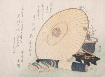 Deštníky a japonské dřevěné sandály Geta, pravděpodobně 1816., pravděpodobně 1816.