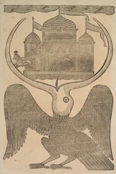 Mýtický pták Jatayu Rama brání voze Rávany ve snaze zabránit únosu Sity, 19. století.