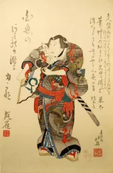 Kabuki herec Nakamura Utaemon IV jako zápasník Iwakawa Jirokichi, ve hře Sekitori S...,